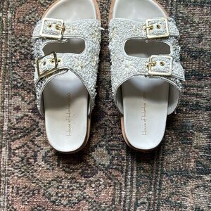 House of Harlow 1960 Cream and Gold Buckle Sandals